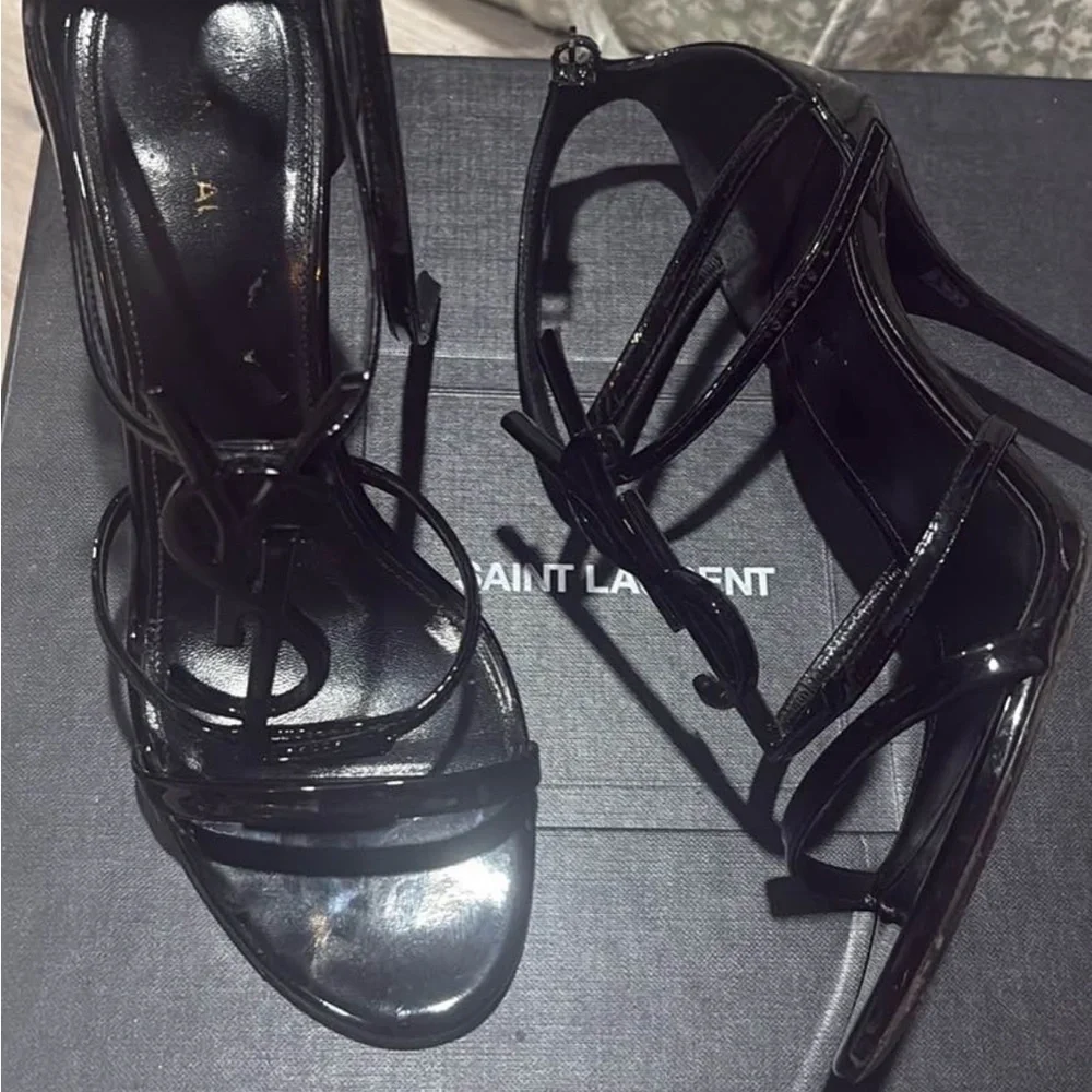 Saint Laurent Black Patent Leather Strappy Heels - Picture 1 of 3